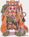  0_05kmgrn 1girl :d boots colored_tongue commentary creature duct_tape fangs full_body gloves green_boots green_gloves hand_on_headwear headlamp headset helmet highres holding holding_creature inkling inkling_girl inkling_player_character jumpsuit lifebuoy long_hair looking_at_viewer mining_helmet open_mouth orange_hair orange_helmet orange_jumpsuit orange_tongue pink_eyes rubber_boots rubber_gloves salmon_run_(splatoon) salmonid smallfry_(splatoon) smile solo splatoon_(series) splatoon_3 standing swim_ring tentacle_hair twintails very_long_hair white_background 