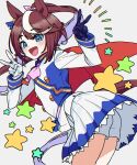  1girl :d acaa asymmetrical_gloves black_gloves blue_eyes brown_hair double_v gloves grey_background highres horse_girl horse_tail long_hair looking_at_viewer mismatched_gloves open_mouth ponytail simple_background smile star_(symbol) tail tokai_teio_(umamusume) umamusume v white_gloves 