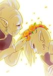  dragon_ball dragon_ball_super earrings expressionless flower gowasu head_wreath highres jewelry light_smile long_sleeves looking_down male_focus multiple_boys orange_flower orange_rose pink_flower pointy_ears potara_earrings rose short_hair simple_background smile tetsuyo white_background zamasu 