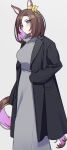  1girl absurdres acaa air_groove_(umamusume) blue_eyes brown_hair grey_background highres horse_girl horse_tail looking_at_viewer multicolored_hair pink_hair short_hair simple_background standing tail two-tone_hair umamusume 