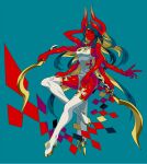  1boy blue_background boots breasts colored_skin commentary_request demon_girl demon_horns dress eda extra_arms extra_eyes fangs full_body holding_sickle horns large_breasts looking_at_viewer male_focus one_eye_closed original pelvic_curtain red_skin sickle simple_background sleeveless sleeveless_dress solo tail thigh_boots third_eye weapon white_dress yellow_eyes 