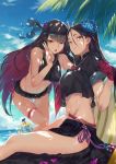  :o bare_shoulders beach black_hair black_sarong black_serafuku blue_eyes blue_sky breasts cup day drinking_glass fate/grand_order fate_(series) flower hair_flower hair_ornament highres long_hair looking_at_viewer midriff minamoto_no_raikou_(fate/grand_order) minamoto_no_raikou_(swimsuit_lancer)_(fate) multiple_girls navel ohland one_eye_closed open_mouth oryou_(fate) palm_tree pleated_skirt red_eyes sailor_collar sarong school_uniform serafuku skirt sky smile thighhighs tree v 