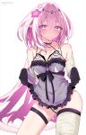  1girl absurdres artist_name babydoll bandaged_arm bandaged_leg bandages bare_shoulders black_gloves blue_babydoll breasts bright_pupils castorice_(honkai:_star_rail) closed_mouth clothes_lift commentary cosplay cowboy_shot dated dress dress_lift flower gloves hair_flower hair_ornament highres honkai:_star_rail honkai_(series) itasphere kaine_(nier) kaine_(nier)_(cosplay) large_breasts light_blush long_hair looking_at_viewer nier nier_(series) pink_eyes pink_flower pink_hair pointy_ears simple_background solo thighs very_long_hair white_background white_pupils 