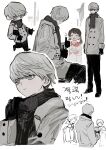  1girl 3boys black_gloves chibi chibi_inset child closed_eyes coat collage cup double_thumbs_up doujima_nanako expressionless full_body gloves goguma_wagamja grey_coat grey_eyes grey_hair grey_scarf hanamura_yousuke highres holding holding_cup korean_text looking_at_another multiple_boys narukami_yuu open_mouth persona persona_4 scarf short_hair sitting sketch_inset smile thumbs_up twintails upper_body very_short_hair white_background 