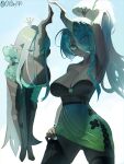  1girl alternate_costume alternate_hairstyle aqua_hair armpits black_skin breasts cleavage colored_skin dress green_sweater hair_over_one_eye high_ponytail highres horns large_breasts long_hair looking_at_viewer monster_girl multiple_views my_little_pony my_little_pony:_equestria_girls my_little_pony:_friendship_is_magic personification pointy_ears ponytail queen_chrysalis single_horn strapless strapless_dress sweater xdxday365 