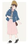  bag beanie brown_hair casual closed_eyes commentary_request denim denim_jacket earrings full_body gintama handbag hat highres jewelry kobaji long_skirt pink_skirt ponytail shimura_tae shirt shoes skirt smile sneakers socks striped striped_shirt 