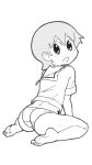  1girl aioi_yuuko artist_request ass barefoot from_behind looking_at_viewer looking_back monochrome nichijou panties school_uniform serafuku short_hair simple_background sitting skirt skirt_removed solo underwear wariza white_background 