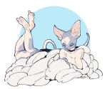 2025 anthro barefoot big_breasts big_ears biped black_choker black_jewelry black_necklace blue_eyeshadow breasts choker closed_smile clothed clothed_anthro clothed_female clothing digital_drawing_(artwork) digital_media_(artwork) domestic_cat eyelashes eyes_closed eyeshadow feet felid feline felis female full-length_portrait geometric_background grey_body grey_skin hairless hairless_cat hi_res humanoid_feet jewelry legs_together legs_up light_body light_breasts light_skin long_tail lying makeup mammal monotone_breasts mouth_closed multicolored_body multicolored_ears multicolored_skin necklace on_front plantigrade pointy_ears portrait prick_ears simple_background smile snout solo sori0414 sphynx_(cat) tail tan_inner_ear tan_nose thick_thighs three-quarter_view toes two_tone_body two_tone_ears two_tone_skin two_tone_tail white_body white_breasts white_skin
