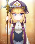  beret blonde_hair blue_eyes commentary_request glaring hat heart highres humanization kirby:_star_allies kirby_(series) littlecloudie looking_at_viewer polearm signature spear weapon yellow_background zan_partizanne 