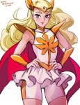  2018 big_hair bike_shorts blonde_hair blue_eyes bracer cape cowboy_shot dated flat_chest forehead_jewel hands_on_hips head_wings lips long_hair masters_of_the_universe mina_cream miniskirt pauldrons redesign she-ra she-ra_and_princesses_of_power shorts shorts_under_skirt skirt solo tiara wavy_hair white_background 