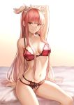  arm_up bangs blunt_bangs bra breasts closed_mouth collarbone commentary crotchless_panties eyebrows_visible_through_hair fate/grand_order fate_(series) gradient gradient_background highres hips long_hair looking_at_viewer mashu_003 medb_(fate)_(all) medb_(fate/grand_order) medium_breasts multi-strapped_panties navel on_bed panties pink_bra pink_hair sitting smile solo thighs tiara underwear yellow_eyes 