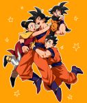  3boys :d :o ^_^ arms_around_neck black_eyes black_hair boots bracelet brothers chi-chi_(dragon_ball) chinese_clothes closed_eyes couple dougi dragon_ball dragon_ball_z earrings family father_and_son fingernails full_body hetero jewelry long_sleeves mother_and_son multiple_boys open_mouth orange_background short_hair siblings simple_background smile son_gohan son_gokuu son_goten spiked_hair star sweatdrop tied_hair wristband yunion_(sibujya) 