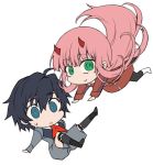  1girl bangs black_hair black_legwear blue_eyes boots brown_footwear commentary_request couple darling_in_the_franxx eyebrows_visible_through_hair green_eyes hair_ornament hairband herozu_(xxhrd) hetero hiro_(darling_in_the_franxx) horns long_hair long_sleeves looking_at_viewer military military_uniform necktie oni_horns pantyhose pink_hair red_horns red_neckwear shoes socks sweatdrop uniform white_footwear white_hairband zero_two_(darling_in_the_franxx) 