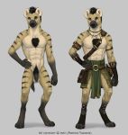  2018 5_fingers abs anisis anthro balls barefoot black_nose blue_eyes clothed clothing digital_media_(artwork) digitigrade hi_res hyena male mammal model_sheet multiple_versions muscular muscular_male navel nude penis solo standing 