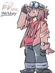 2023 3:4 anthro black_clothing black_fingerless_gloves black_footwear black_gloves black_handwear black_nose black_shoes blue_eyes blush blush_lines bottomwear brown_body brown_clothing brown_fur brown_hair brown_jacket brown_topwear canid canine canis cel_shading character_name clock closed_smile clothed clothing denim denim_bottomwear denim_clothing digital_media_(artwork) domestic_dog eddie_(onlyygaru) english_text eyewear fingerless_gloves fingers floppy_ears footwear full-length_portrait fully_clothed fur gloves goggles green_clothing green_hat green_headwear grey_bottomwear grey_clothing grey_jeans grey_pants hair handwear happy hat headgear headwear hoodie jacket jeans looking_at_viewer male mammal mouth_closed onlyygaru open_clothing open_jacket open_topwear pants pockets portrait pronouns red_clothing red_hoodie red_topwear shaded signature simple_background smile snout solo standing tail text three-quarter_view topwear watch watermark white_background wristwatch