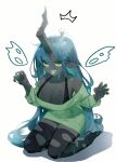  1girl aqua_hair black_skin breasts claw_pose cleavage colored_skin crown forked_tongue green_eyes green_sweater horns huge_breasts long_hair mini_crown monster_girl my_little_pony my_little_pony:_equestria_girls my_little_pony:_friendship_is_magic personification queen_chrysalis seiza simple_background single_horn sitting solo sweater tongue tongue_out very_long_hair white_background xdxday365 