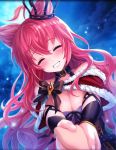  ahoge alternate_costume artist_request blush bow breasts capelet cleavage closed_eyes collar crown_hair_ornament fur_trim hair_ears hair_ornament holding_hand large_breasts long_hair night night_sky official_art phantom_of_the_kill red_hair sky smile yagrush_(phantom_of_the_kill) 