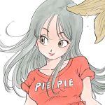  breasts brown_eyes close-up clothes_writing dragon_ball dragon_ball_(classic) eyelashes floating_hair grey_hair happy highres light_smile long_hair looking_away mermaid mermaid_(dragon_ball) monster_girl red_shirt shirt simple_background sleeves_rolled_up smile solo tkgsize upper_body white_background 