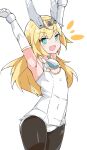  1girl aqua_eyes arm_up baselard blonde_hair blush frame_arms_girl long_hair nejirehifumi open_mouth pantyhose pantyhose_under_swimsuit school_swimsuit smile solo swimsuit 