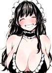  ^_^ bangs bare_shoulders bikini black_bikini black_choker black_hair blush breasts choker cleavage closed_eyes dot_nose frilled_bikini frilled_choker frills grin large_breasts long_hair maid_headdress original simple_background smile solo swimsuit teeth uekan upper_body white_background 