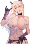  1girl artoria_pendragon_(fate) artoria_pendragon_(lancer_alter)_(fate) artoria_pendragon_(lancer_alter)_(royal_icing)_(fate) babydoll bare_shoulders black_gloves black_panties blonde_hair blue_babydoll blush braid breasts choker cleavage collarbone covered_nipples fate/grand_order fate_(series) garter_belt gloves hair_between_eyes highres hiyayaako horns jewelry large_breasts licking_lips long_hair looking_at_viewer necklace open_mouth panties pelvic_curtain see-through_clothes sidelocks smile snowflake_print solo tongue tongue_out underwear yellow_eyes 