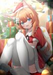  1girl :d absurdres alternate_costume animal_ear_fluff animal_ears bag blue_archive blue_eyes blurry blurry_background blush box cat_ears cat_girl christmas christmas_ornaments christmas_tree commentary_request convenient_leg dress feet flower full_body fur-trimmed_dress fur_trim gift gift_bag gift_box hair_between_eyes hair_flower hair_ornament happy hat highres holding holding_bag indoors kamesys knees_up leaf_hair_ornament long_hair looking_at_viewer mari_(blue_archive) no_shoes open_mouth orange_hair pom_pom_(clothes) red_dress santa_costume santa_dress santa_hat sidelocks sitting smile soles solo star_(symbol) star_hair_ornament straight_hair thighhighs thighs toes tsurime twitter_username watermark white_flower white_thighhighs 