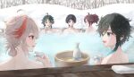  5boys aqua_eyes aqua_hair black_hair bottle closed_eyes closed_mouth cup genshin_impact green_hair hair_between_eyes highres holding holding_cup kaedehara_kazuha multiple_boys onsen open_mouth purple_hair red_eyes red_hair scaramouche_(genshin_impact) shikanoin_heizou snow suya_(suya_ny) topless_male venti_(genshin_impact) wanderer_(genshin_impact) water white_hair xiao_(genshin_impact) yellow_eyes 