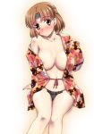  areola_slip areolae bikini_bottom blush breasts brown_eyes brown_hair chiyoda_(kantai_collection) collarbone commentary_request cowboy_shot embarrassed eyebrows_visible_through_hair floral_print gradient gradient_background headband japanese_clothes kantai_collection kimono large_breasts navel shimamoto_harumi short_hair solo swimsuit yukata 