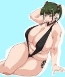  10s 1girl :&gt; blush breasts cleavage female green_hair huge_breasts navel nikuko_(galko) oshiete!_galko-chan plump simple_background sitting sling_bikini smile solo sportswear swimsuit yellow_eyes 