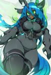  1girl animal_ears aqua_hair bad_deviantart_id bad_id black_panties black_thighhighs breasts cleavage furry furry_female green_eyes highres horns horse_ears horse_girl insect_wings large_breasts long_hair my_little_pony my_little_pony:_friendship_is_magic open_mouth panties pear_shaped_figure personification queen_chrysalis sharp_teeth single_horn slugbox solo teeth thick_thighs thighhighs thighs underwear wide_hips wings 