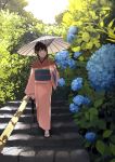  absurdres brown_eyes brown_hair flower full_body gintama highres holding holding_umbrella hydrangea japanese_clothes kimono kobaji leaf obi oriental_umbrella outdoors parasol pink_kimono sash shimura_tae solo stairs stone_stairs tabi umbrella zouri 