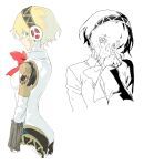  1girl aigis_(persona) android blonde_hair blue_eyes bow bowtie breasts cowboy_shot from_side gekkoukan_high_school_uniform highres joints natwjeq persona persona_3 red_bow red_bowtie red_ribbon ribbon robot_joints school_uniform short_hair simple_background sketch sketch_inset smile solo upper_body very_short_hair white_background 
