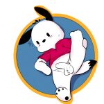 1:1 absurd_res anthro ball_tuft balls blush bodily_fluids butt canid canine canis clothed clothing clothing_lift domestic_dog erection foreskin genitals hello_kitty_(series) hi_res looking_at_viewer male mammal nervous pantsless partially_clothed penis pochacco presenting presenting_hindquarters raised_leg sanrio shirt shirt_lift solo sweat sweatdrop topwear tuft twerpishimp