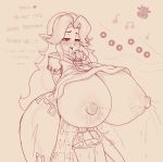  2018 areola big_breasts blush breast_expansion breasts bucket clothed clothing cremia dialogue english_text female hair holding_object huge_breasts humanoid hylian lactating long_hair majora&#039;s_mask milk monochrome nintendo nipples not_furry open_mouth pointy_ears solo spindlesx text the_legend_of_zelda video_games 