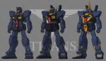  arms_at_sides assault_visor barzam clenched_hands commentary_request full_body gm_quel green_eyes grey_background gundam gundam_mk_ii highres hiwa_industry mecha mecha_focus mobile_suit no_humans one-eyed orange_visor radio_antenna robot science_fiction thrusters titans_(gundam) v-fin watermark zeta_gundam 