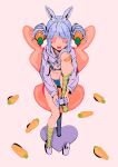  1girl absurdres animal_ears animal_slippers bandaid bandaid_on_knee bandaid_on_leg blue_hair bunny_slippers carrot carrot_hair_ornament commentary controller food-themed_hair_ornament game_controller hair_ornament highres holding holding_controller holding_game_controller hololive horizontal-striped_socks matumot rabbit_ears rabbit_girl screentones simple_background slippers solo usada_pekora virtual_youtuber 