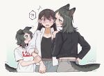  !? 3girls @_@ aged_down animal_ears bang_dream! bang_dream!_it&#039;s_mygo!!!!! black_choker black_hair black_jacket black_shirt blue_background blue_eyes blush brown_hair choker commentary_request criangle_k. dual_persona earrings fang girl_sandwich gradient_background grey_skirt hand_on_another&#039;s_arm hand_on_another&#039;s_shoulder jacket jewelry kemonomimi_mode long_hair looking_at_another mole mole_under_eye multiple_girls open_mouth purple_eyes sandwiched shiina_taki shirt short_hair skirt spoken_interrobang sweatdrop tail time_paradox white_background white_shirt wolf_ears wolf_girl wolf_tail yahata_umiri yuri 