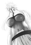  1girl absurdres bleach breasts covered_mouth covered_nipples crossed_bangs dark-skinned_female dark_skin hair_between_eyes hair_ornament highres hollow_(bleach) large_breasts long_hair looking_at_viewer midriff monochrome mostlybluewyatt navel revealing_clothes shrug_(clothing) simple_background solo standing stomach tier_harribel underboob upper_body white_background 
