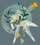  1boy broken_glass coat colored_skin colored_tips commentary_request eda extra_pupils feathered_wings flask full_body glass green_eyes green_hair grey_background head_wings long_hair looking_at_viewer male_focus multicolored_hair original plant round-bottom_flask sitting solo white_coat white_hair white_skin white_wings wings 