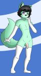  2018 anthro blush canine clothing digital_media_(artwork) girly heterochromia legwear looking_at_viewer male mammal mcfly0crash nude penis simple_background smile socks solo standing stockings thigh_highs 
