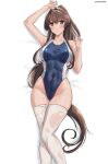  1girl blue_one-piece_swimsuit breasts brown_eyes brown_hair competition_swimsuit covered_navel flower hair_flower hair_ornament highres kantai_collection large_breasts long_hair lying mizuki_(uzuki_no_sato) multicolored_swimsuit one-piece_swimsuit ponytail solo swimsuit thighhighs two-tone_swimsuit very_long_hair white_thighhighs yamato_(kancolle) 