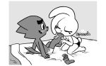  &lt;3 2018 3_toes 4_fingers anthro blush bonita_(gaturo) cat clothed clothing digital_media_(artwork) eyes_closed feline female flat_chested foot_fetish gaturo kissing_feet kneeling lagomorph male male/female mammal marte_(gaturo) monochrome rabbit smooch toes topless underwear 