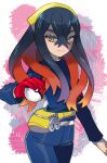  1girl black_hair blue_gakuran blue_pants carmine_(pokemon) colored_inner_hair crossed_bangs eyelashes fanny_pack gloves hair_between_eyes hairband highres long_hair long_sleeves looking_at_viewer minamidena mole mole_under_eye multicolored_hair pants pokemon pokemon_sv red_gloves red_hair simple_background smile solo standing two-tone_hair upper_body white_background yellow_bag yellow_eyes yellow_hairband 