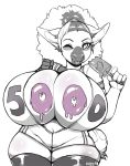  2018 anthro big_breasts bovine breasts cattle cleavage clothed clothing female hair hi_res holding_object huge_breasts legwear looking_at_viewer mammal niis niis_(character) one_eye_closed solo tongue tongue_out wide_hips wink 