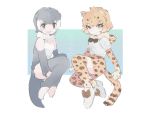  :3 animal_ears animal_print blonde_hair boots bow bowtie center_frills commentary elbow_gloves eyebrows_visible_through_hair fingerless_gloves frilled_swimsuit frills fur_collar gloves grey_hair holding_legs inu_(user_arjr4358) jaguar_(kemono_friends) jaguar_ears jaguar_print jaguar_tail kemono_friends multicolored_hair multiple_girls one-piece_swimsuit otter_ears otter_tail pleated_skirt short_hair short_sleeves skirt small-clawed_otter_(kemono_friends) swimsuit tail thighhighs toeless_legwear translated v-shaped_eyebrows white_hair 