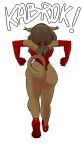  2018 angry anthro armwear bottomless breasts brown_fur brown_hair butt clenched_fists clothed clothing dbaru ecaflip elbow_gloves feline female footwear freckles fur gloves hair hi_res high_heels long_hair mammal miranda_(wakfu) pose rear_view shoes simple_background solo standing wakfu walking 