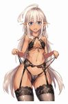  abs absurdres ahoge ankoku_broccoli ass_visible_through_thighs bangs black_bra black_legwear black_panties blue_eyes blush bra breasts cameltoe commentary_request cowboy_shot dark_elf dark_skin elf embarrassed eyebrows_visible_through_hair garter_belt grey_hair groin highres huge_ahoge lifted_by_self long_hair looking_at_viewer navel open_mouth original panties panty_lift pointy_ears simple_background small_breasts solo standing sweat thick_thighs thighhighs thighs underwear underwear_only very_long_hair white_background 