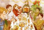 bowl brown_hair cho_(taronana) christmas cleo_(suikoden) commentary_request facial_scar father_and_son gensou_suikoden gensou_suikoden_i ghost gremio multiple_boys multiple_girls older pahn plump scar scar_on_cheek short_hair spoon table ted_(suikoden) teo_mcdohl tir_mcdohl tray 