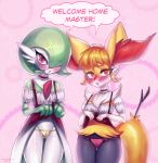  2018 anthro blush braixen clothed clothing clothing_lift dialogue digital_media_(artwork) duo english_text female gardevoir hi_res inner_ear_fluff looking_at_viewer maid_uniform nintendo panties pok&eacute;mon pok&eacute;mon_(species) stick tawni_tailwind text underwear uniform video_games 