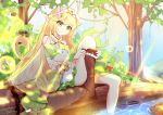  bell blonde_hair dress fairy flowers green_eyes headdress long_hair menghuan_tian original pointed_ears signed stockings tree undressing water wings 